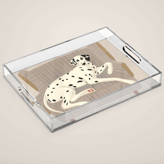 Portrait of a dog on a striped chair Acrylic Tray Gallery Image 1