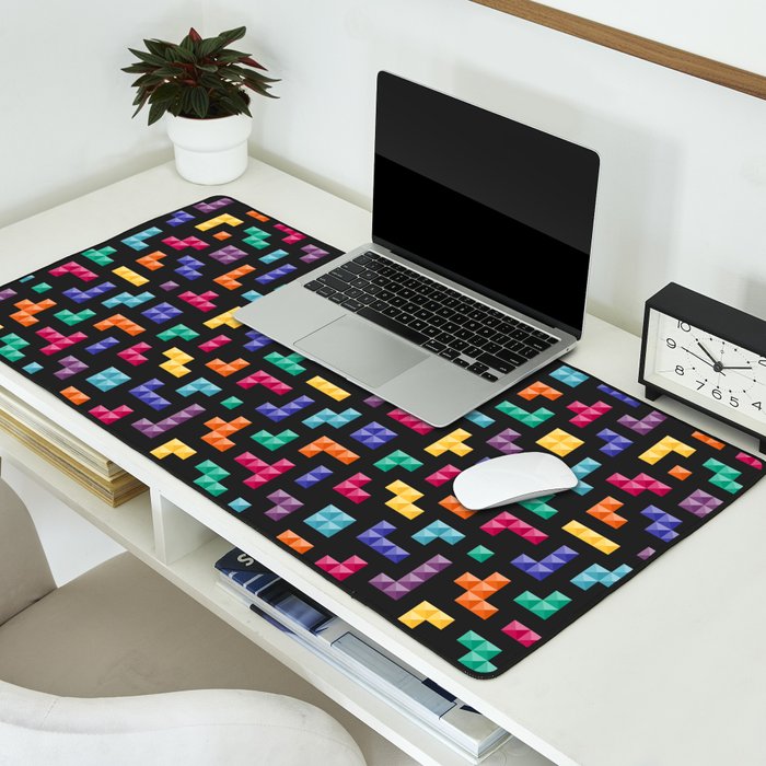 Tetris bricks jewel tones on black pattern Desk Mat Gallery Image 2