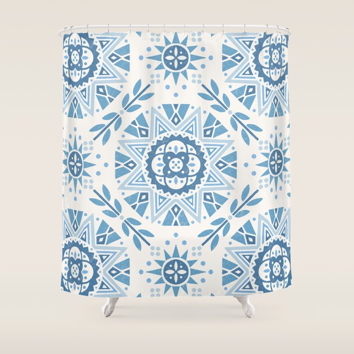 Folk Art Shapes Block Print - Blue Shower Curtain Gallery Image 1