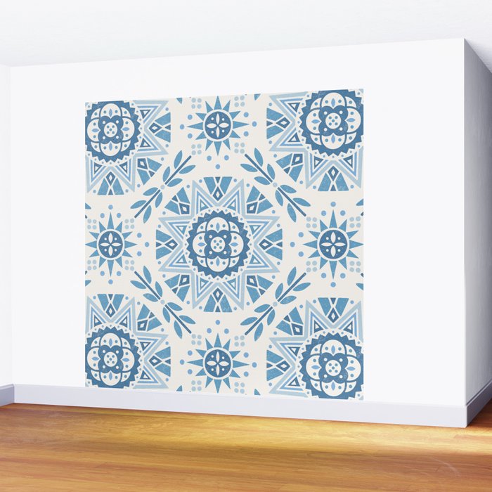 Folk Art Shapes Block Print - Blue Wall Mural Gallery Image 2