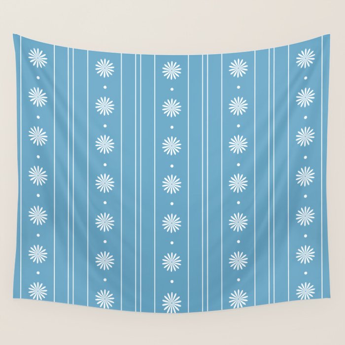 Daisy Stripes Pattern in Light Blue and White Wall Tapestry Gallery Image 1
