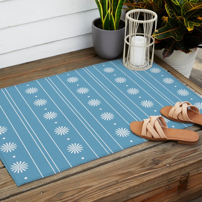 Daisy Stripes Pattern in Light Blue and White Outdoor Rug Gallery Image 2