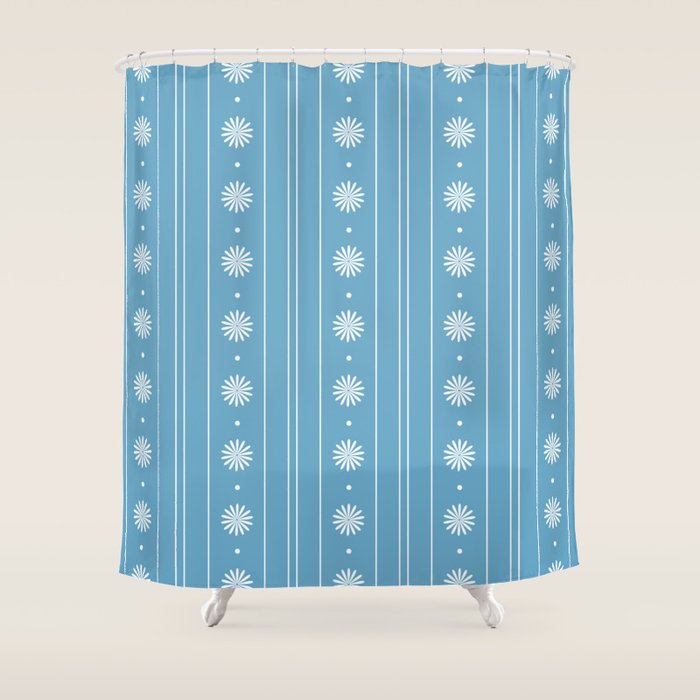 Daisy Stripes Pattern in Light Blue and White Shower Curtain Gallery Image 1