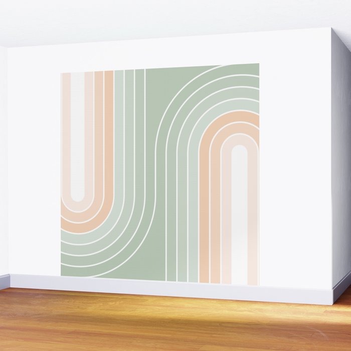 Abstract Retro Double Spring Rainbow - Pastel sage green and Peach fuzz Wall Mural Gallery Image 2