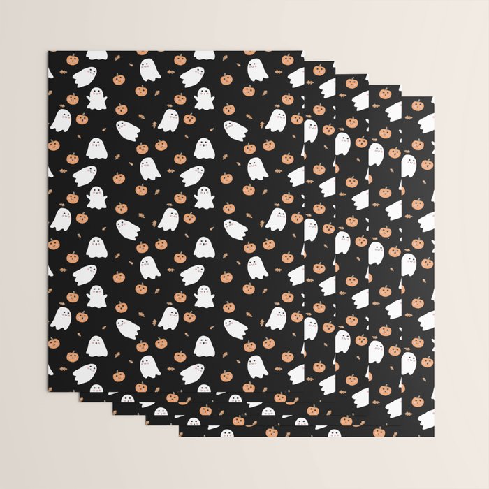 Cute Ghost Pumpkin Black Halloween Wrapping Paper Gallery Image 3