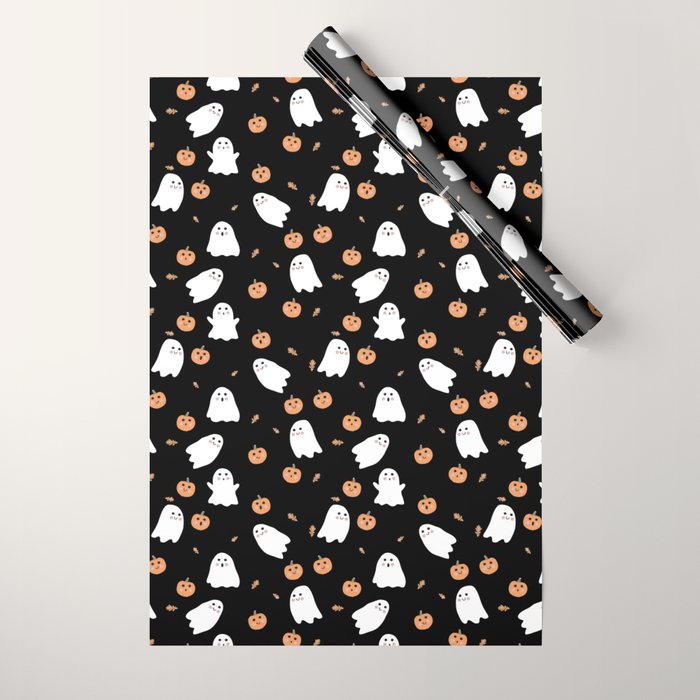 Cute Ghost Pumpkin Black Halloween Wrapping Paper Gallery Image 1