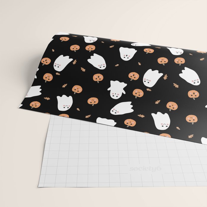 Cute Ghost Pumpkin Black Halloween Wrapping Paper Gallery Image 2