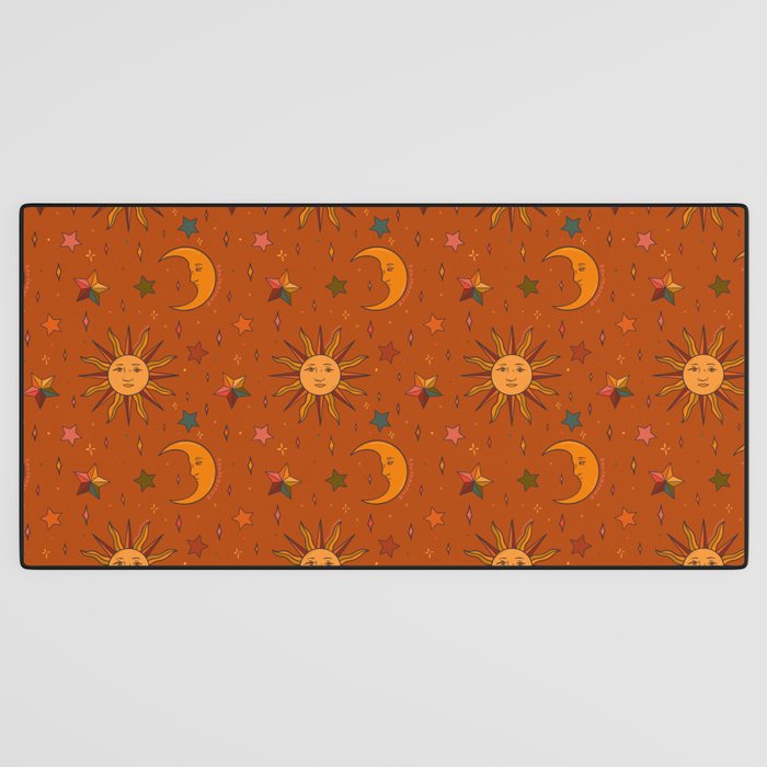 Folk Moon and Star Print in Orange Desk Mat Gallery Image 3