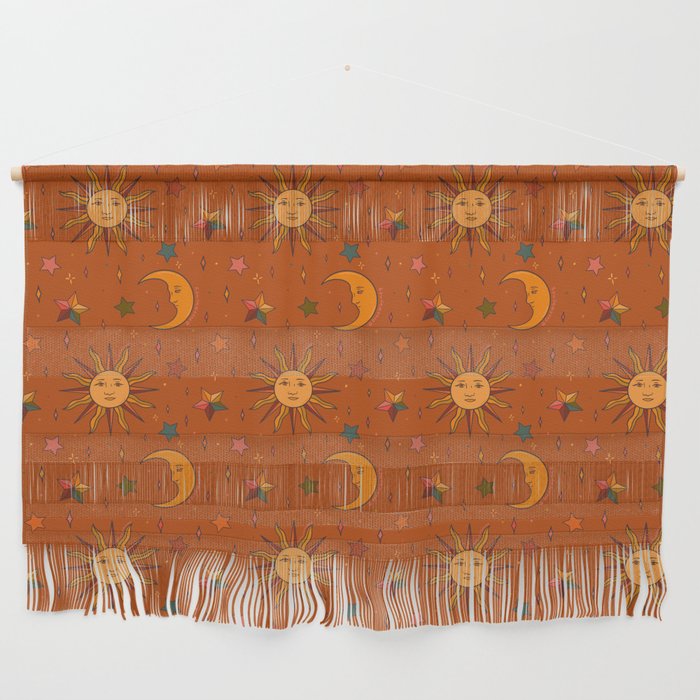 Folk Moon and Star Print in Orange Wall Hanging Gallery Image 1