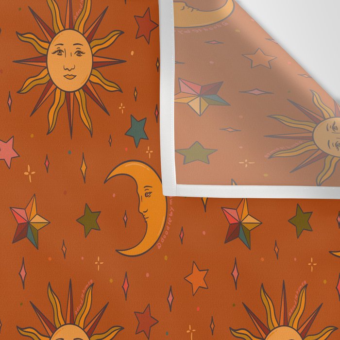 Folk Moon and Star Print in Orange Wall Tapestry Gallery Image 3