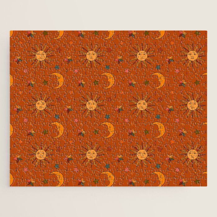 Folk Moon and Star Print in Orange Jigsaw Puzzle Gallery Image 1