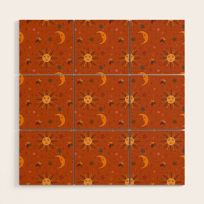 Folk Moon and Star Print in Orange Wood Wall Art Gallery Image 1