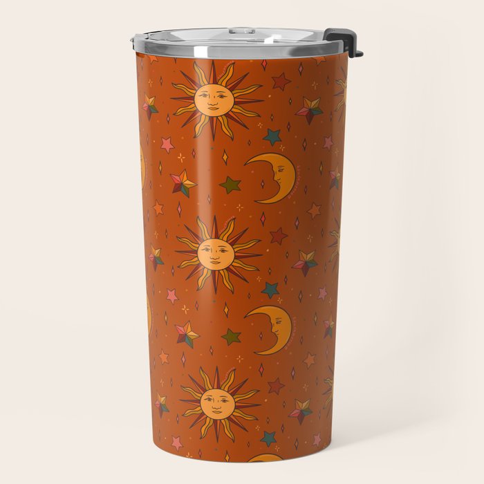 Folk Moon and Star Print in Orange Travel Mug Gallery Image 2