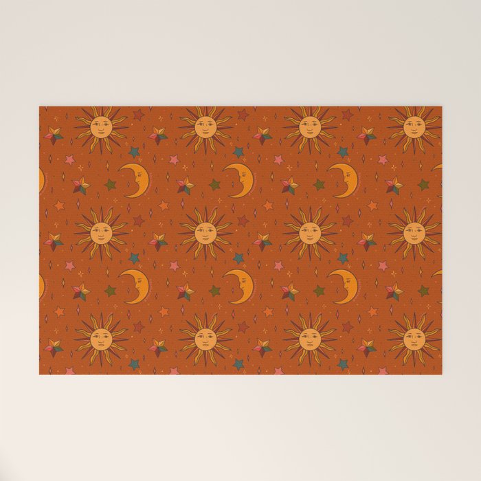 Folk Moon and Star Print in Orange Welcome Mat Gallery Image 1