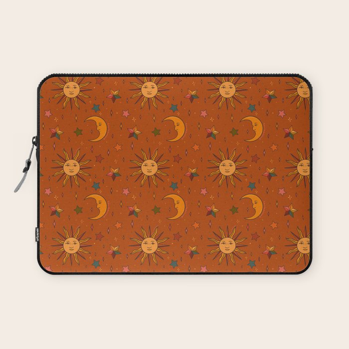Folk Moon and Star Print in Orange Laptop Sleeve Gallery Image 1