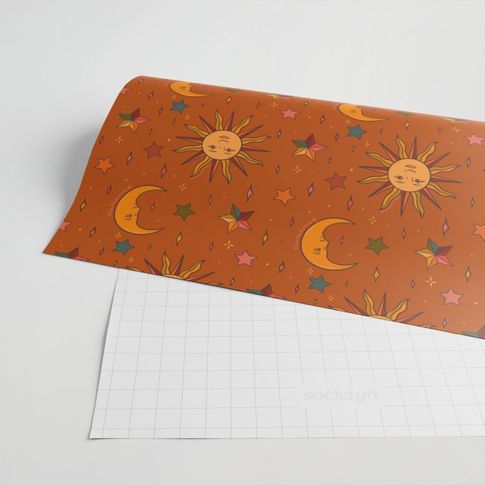 Folk Moon and Star Print in Orange Wrapping Paper Gallery Image 2