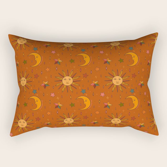 Folk Moon and Star Print in Orange Rectangular Pillow Gallery Image 1
