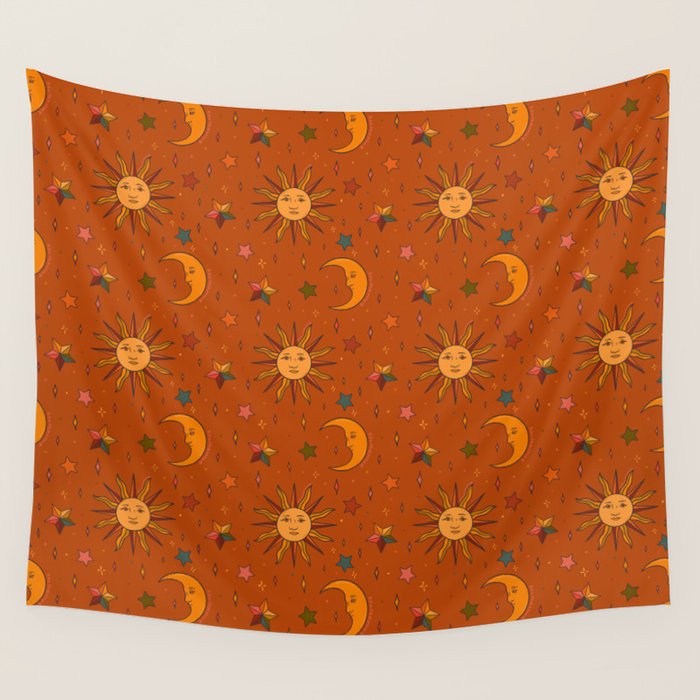 Folk Moon and Star Print in Orange Wall Tapestry Gallery Image 4