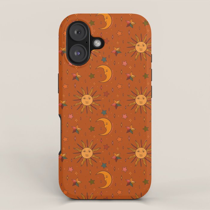 Folk Moon and Star Print in Orange iPhone Case Gallery Image 1