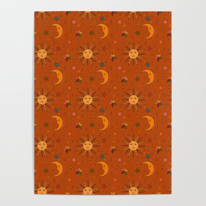 Folk Moon and Star Print in Orange Poster Gallery Image 1