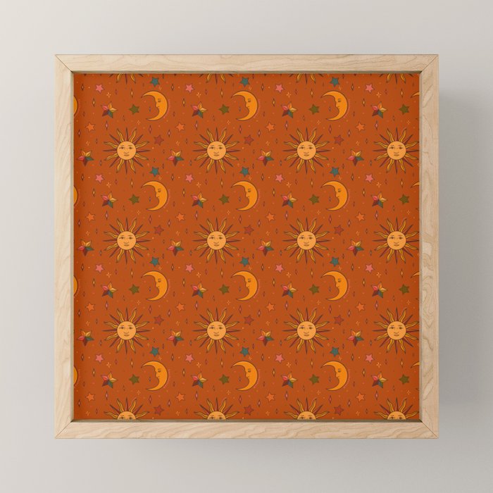 Folk Moon and Star Print in Orange Mini Art Print Gallery Image 1