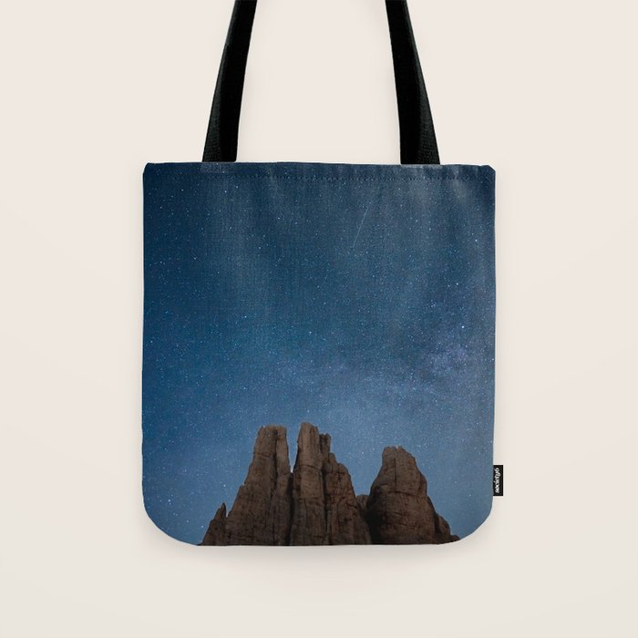 Vajolet Towers at Night with the Milky Way - Nature and Landscape Photography Tote Bag Gallery Image 1