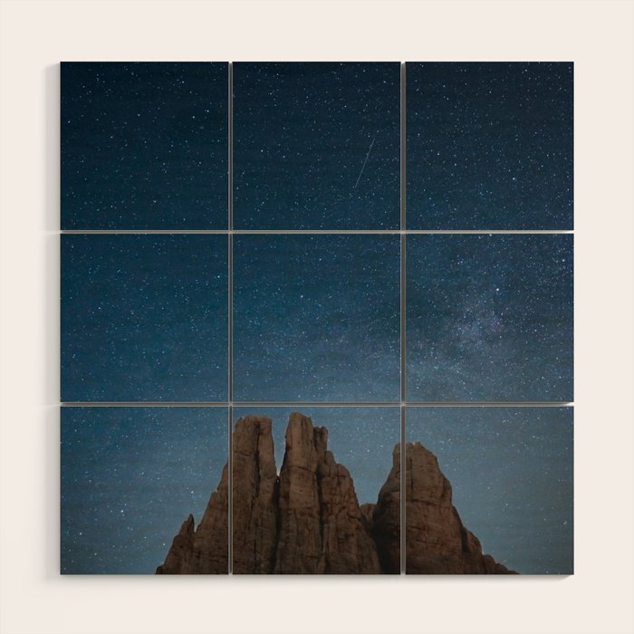 Vajolet Towers at Night with the Milky Way - Nature and Landscape Photography Wood Wall Art Gallery Image 1