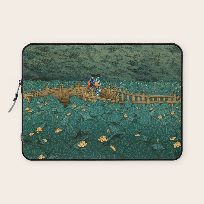 Vintage Japanese Woodblock Print Kawase Hasui Japanese Children Lotus Flowers Garden Wooden Bridge Laptop Sleeve Gallery Image 1