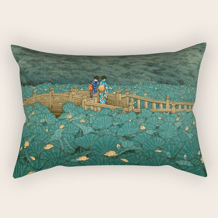 Vintage Japanese Woodblock Print Kawase Hasui Japanese Children Lotus Flowers Garden Wooden Bridge Rectangular Pillow Gallery Image 1