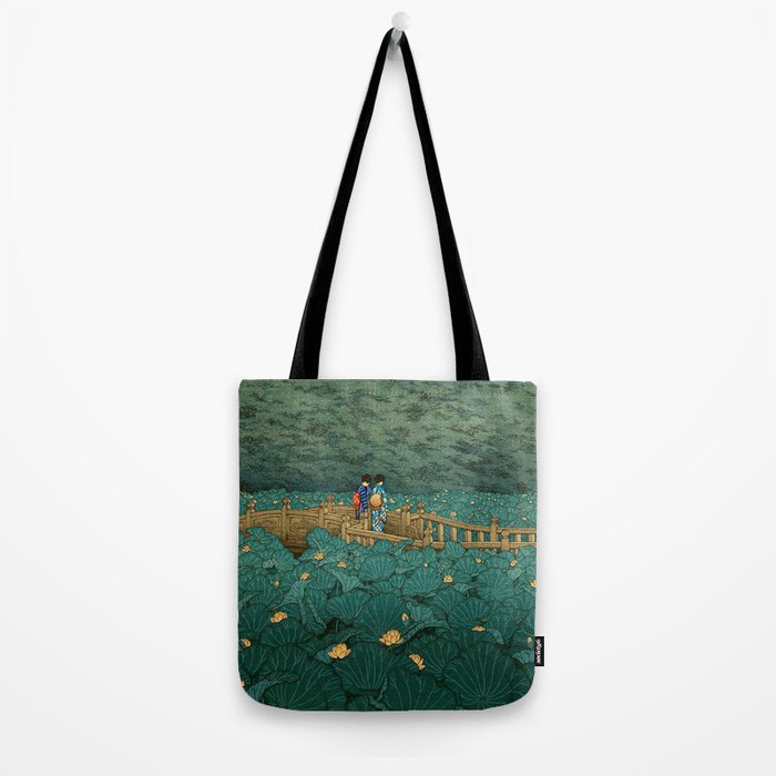 Vintage Japanese Woodblock Print Kawase Hasui Japanese Children Lotus Flowers Garden Wooden Bridge Tote Bag Gallery Image 2