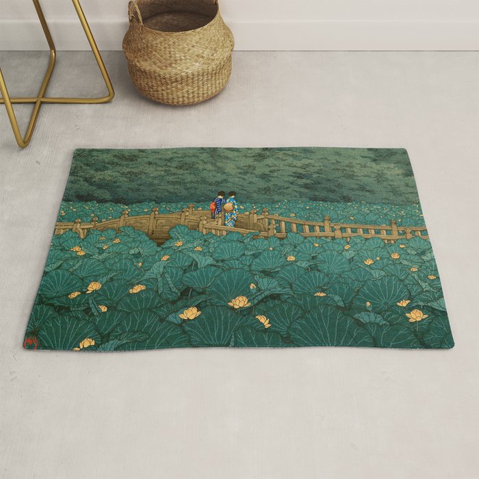 Vintage Japanese Woodblock Print Kawase Hasui Japanese Children Lotus Flowers Garden Wooden Bridge Rug Gallery Image 1
