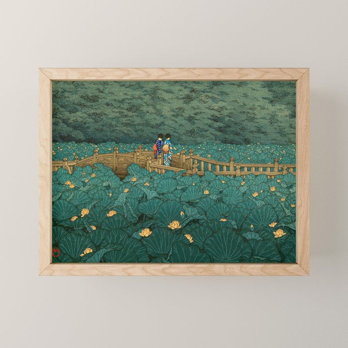 Vintage Japanese Woodblock Print Kawase Hasui Japanese Children Lotus Flowers Garden Wooden Bridge Mini Art Print Gallery Image 1