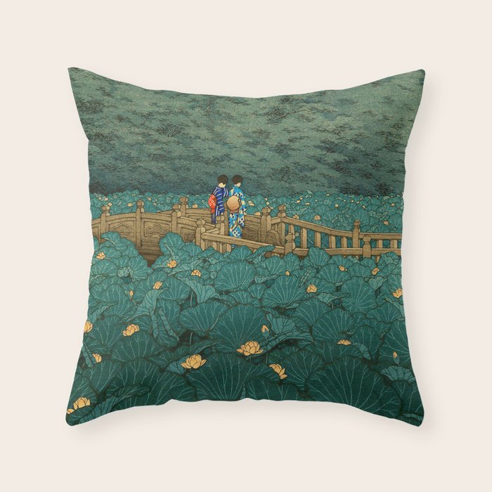 Vintage Japanese Woodblock Print Kawase Hasui Japanese Children Lotus Flowers Garden Wooden Bridge Throw Pillow Gallery Image 6
