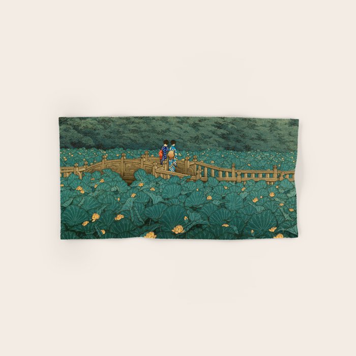 Vintage Japanese Woodblock Print Kawase Hasui Japanese Children Lotus Flowers Garden Wooden Bridge Bath Towel Gallery Image 1