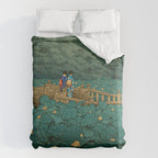 Vintage Japanese Woodblock Print Kawase Hasui Japanese Children Lotus Flowers Garden Wooden Bridge Comforter Gallery Image 6