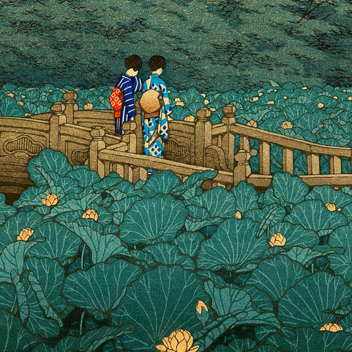 Vintage Japanese Woodblock Print Kawase Hasui Japanese Children Lotus Flowers Garden Wooden Bridge Coffee Mug Gallery Image 2