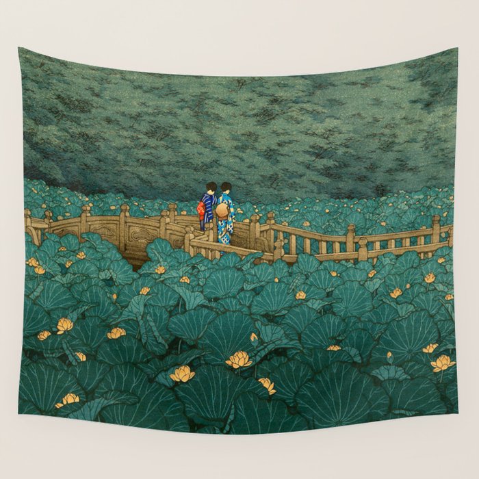 Vintage Japanese Woodblock Print Kawase Hasui Japanese Children Lotus Flowers Garden Wooden Bridge Wall Tapestry Gallery Image 4