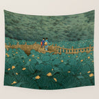 Vintage Japanese Woodblock Print Kawase Hasui Japanese Children Lotus Flowers Garden Wooden Bridge Wall Tapestry Gallery Image 4