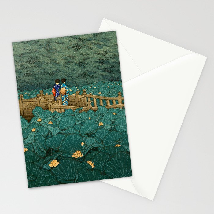 Vintage Japanese Woodblock Print Kawase Hasui Japanese Children Lotus Flowers Garden Wooden Bridge Stationery Card Gallery Image 2