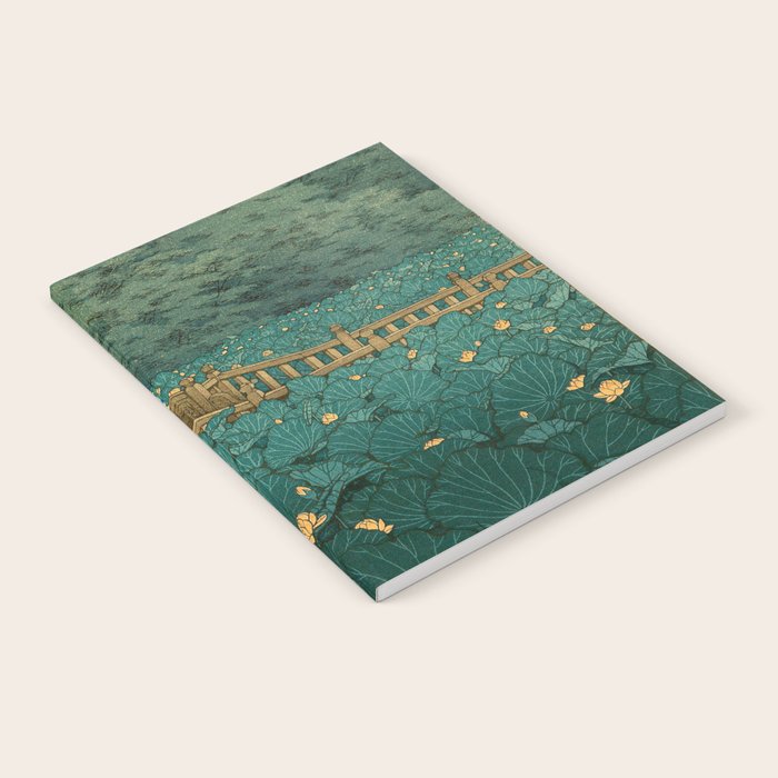 Vintage Japanese Woodblock Print Kawase Hasui Japanese Children Lotus Flowers Garden Wooden Bridge Notebook Gallery Image 1