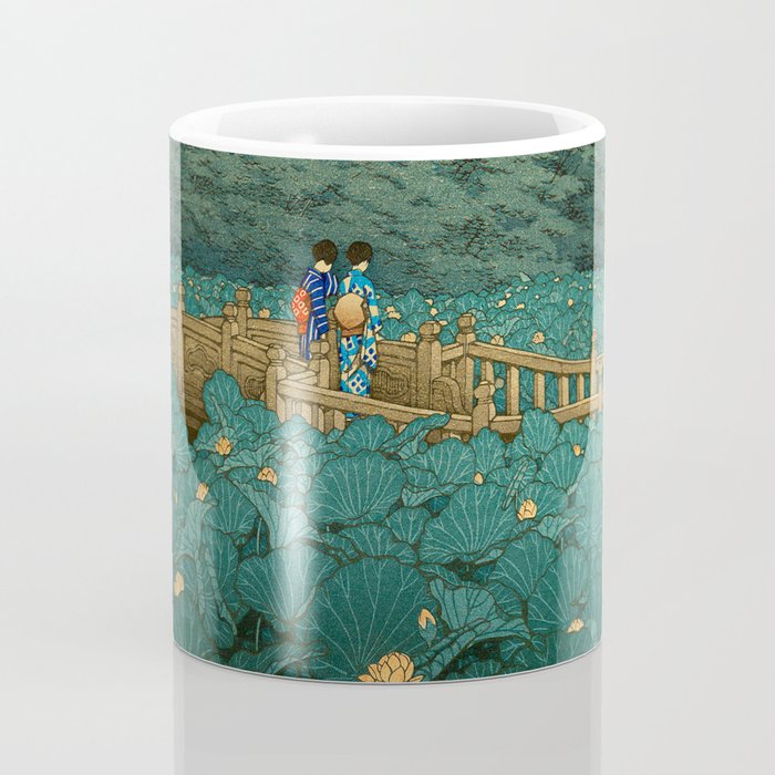 Vintage Japanese Woodblock Print Kawase Hasui Japanese Children Lotus Flowers Garden Wooden Bridge Coffee Mug Gallery Image 4