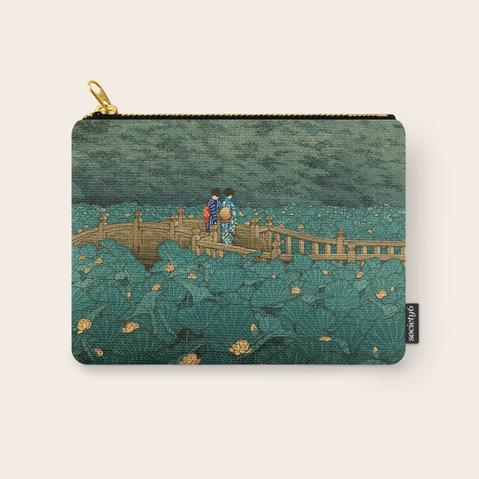 Vintage Japanese Woodblock Print Kawase Hasui Japanese Children Lotus Flowers Garden Wooden Bridge Carry All Pouch Gallery Image 1
