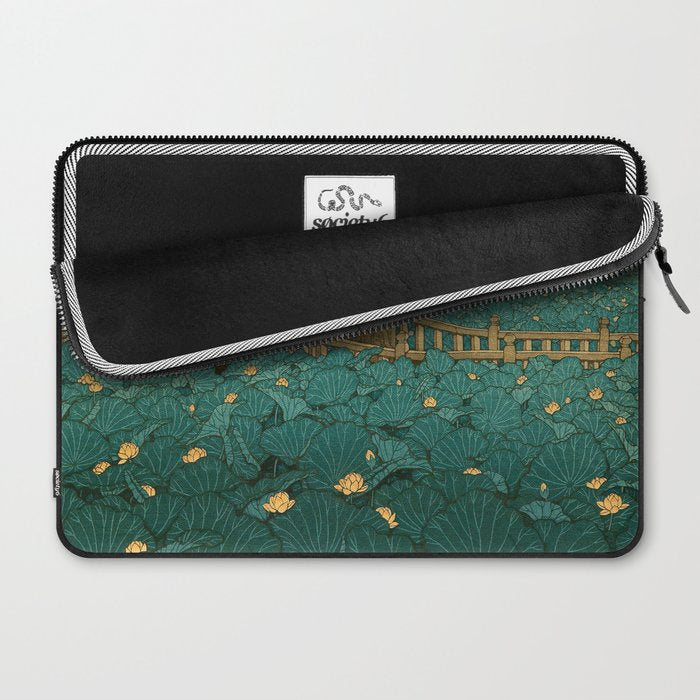 Vintage Japanese Woodblock Print Kawase Hasui Japanese Children Lotus Flowers Garden Wooden Bridge Laptop Sleeve Gallery Image 2