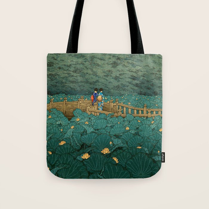 Vintage Japanese Woodblock Print Kawase Hasui Japanese Children Lotus Flowers Garden Wooden Bridge Tote Bag Gallery Image 1