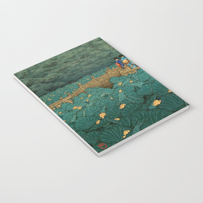 Vintage Japanese Woodblock Print Kawase Hasui Japanese Children Lotus Flowers Garden Wooden Bridge Notebook Gallery Image 3