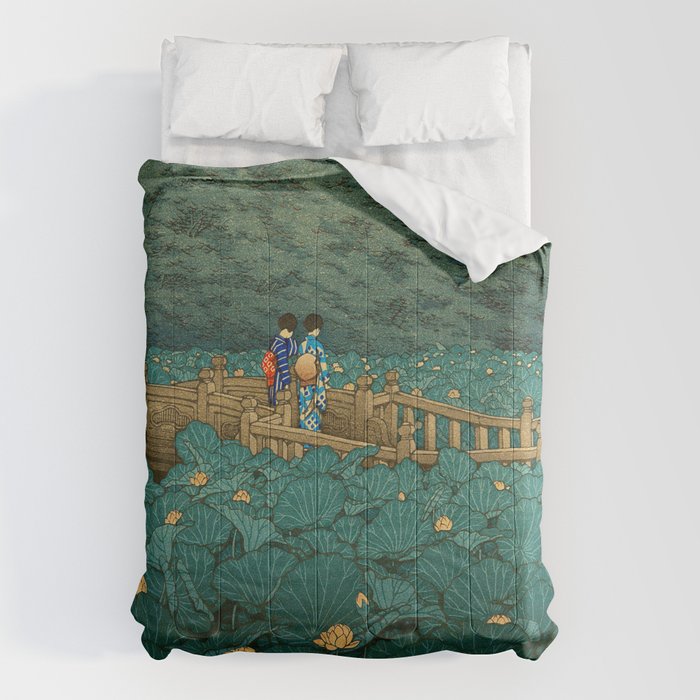 Vintage Japanese Woodblock Print Kawase Hasui Japanese Children Lotus Flowers Garden Wooden Bridge Comforter Gallery Image 1
