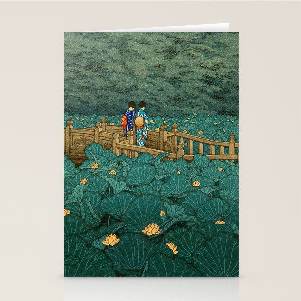 Vintage Japanese Woodblock Print Kawase Hasui Japanese Children Lotus Flowers Garden Wooden Bridge Stationery Card Gallery Image 1