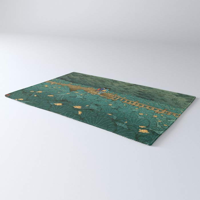 Vintage Japanese Woodblock Print Kawase Hasui Japanese Children Lotus Flowers Garden Wooden Bridge Rug Gallery Image 3