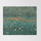 Vintage Japanese Woodblock Print Kawase Hasui Japanese Children Lotus Flowers Garden Wooden Bridge Throw Blanket Gallery Image 2