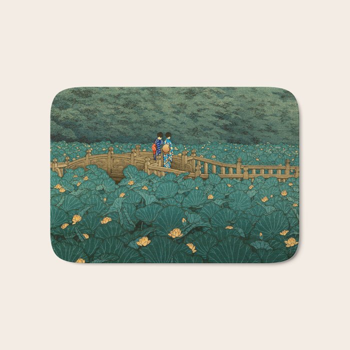 Vintage Japanese Woodblock Print Kawase Hasui Japanese Children Lotus Flowers Garden Wooden Bridge Bath Mat Gallery Image 1